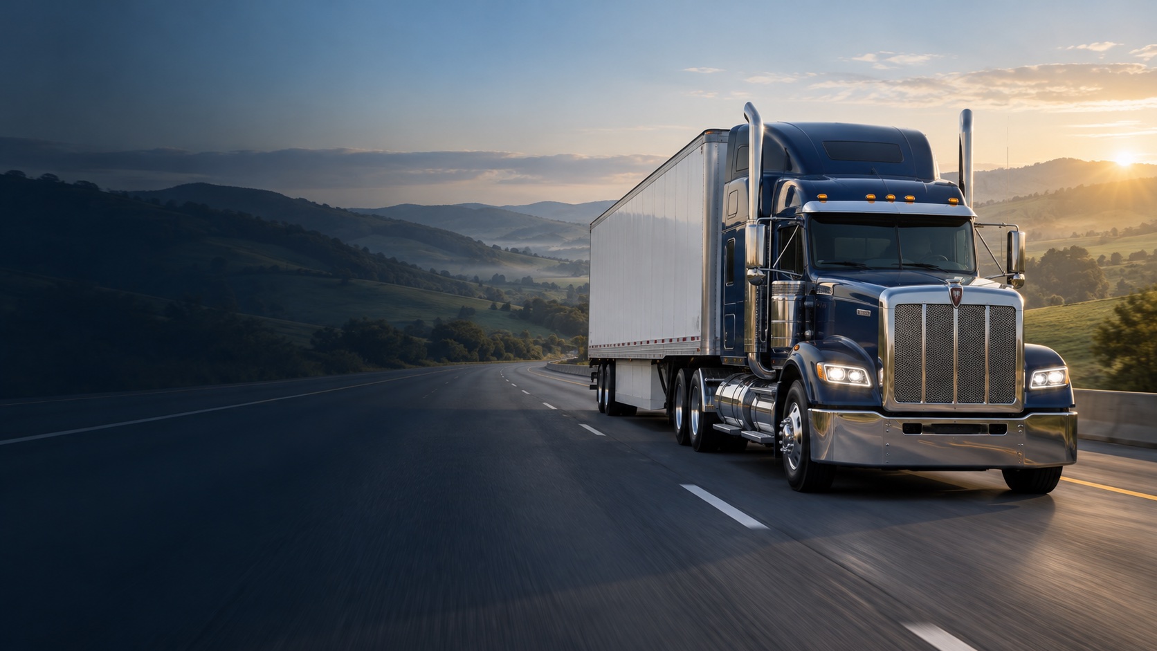 Illustrative image of a freight truck traveling on an open highway